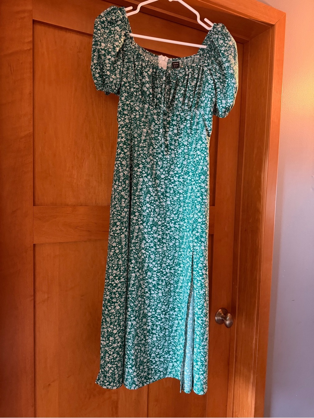 SHEIN Green Floral Puff-Sleeve Midi Dress
